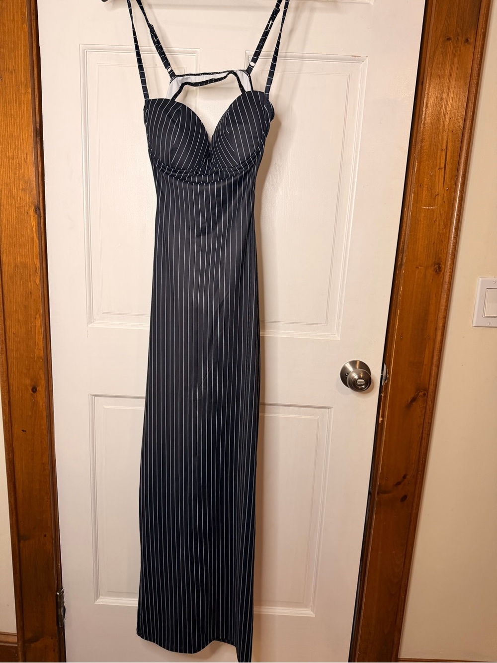 Fashion Nova Black Pinstripe Backless Maxi Dress